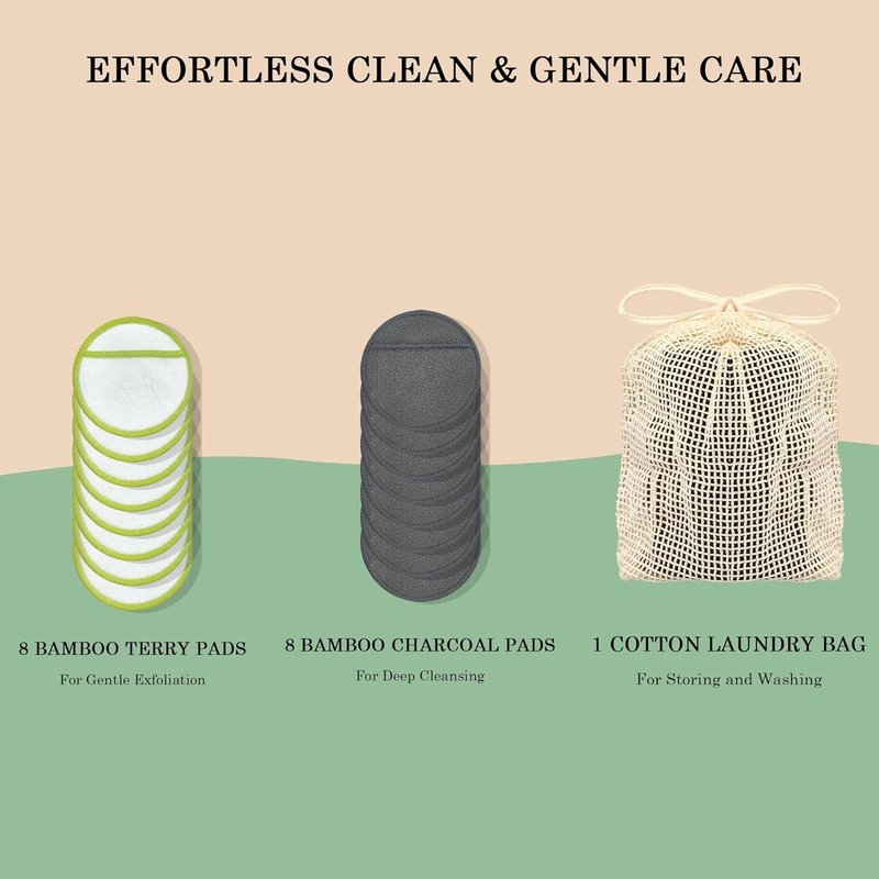 Reusable Cotton Rounds - 16 Pack Bamboo Charcoal Makeup Remover Pads | Machine Washable Face Wipes with Storage Bag