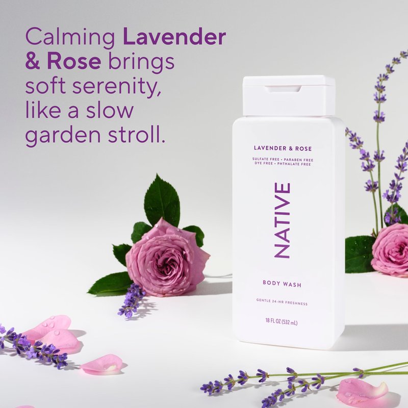 Native Lavender & Rose Scent 24-Hr Refreshing Clean Body Wash for Women & Men, for All Skin Types Incl. Sensitive, Leaves Skin Feeling Clean & Soft, Free of Phthalates, Sulfates & Parabens, 18 oz