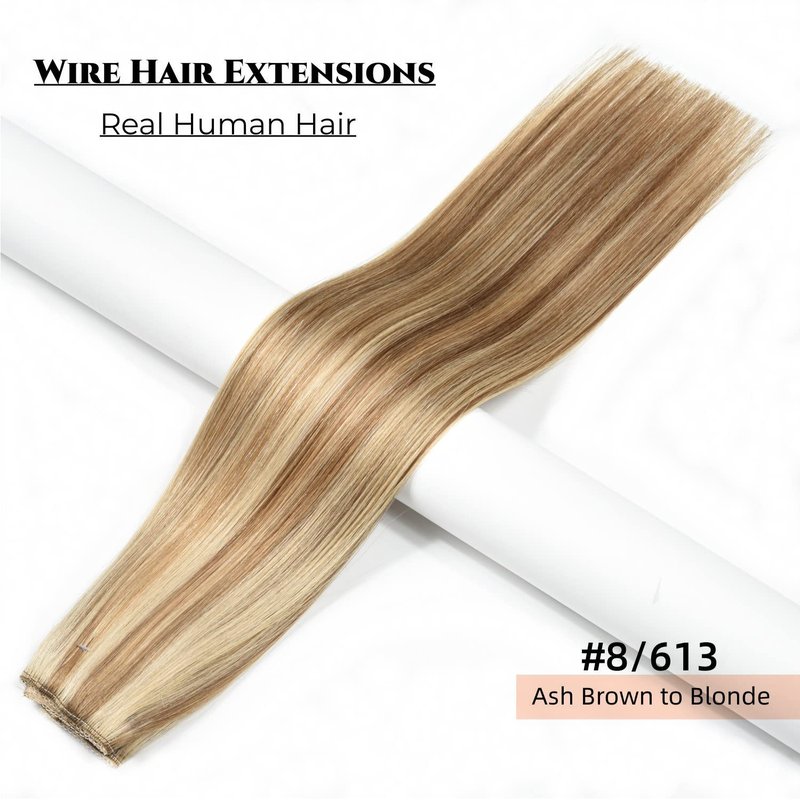 Human Hair Extensions Wire Hair Ash Brown with Blonde Straight Wire Hair Extensions Real Human Hair Hairpieces with Invisible Fish Line 14 Inch 80g for Women #8/613
