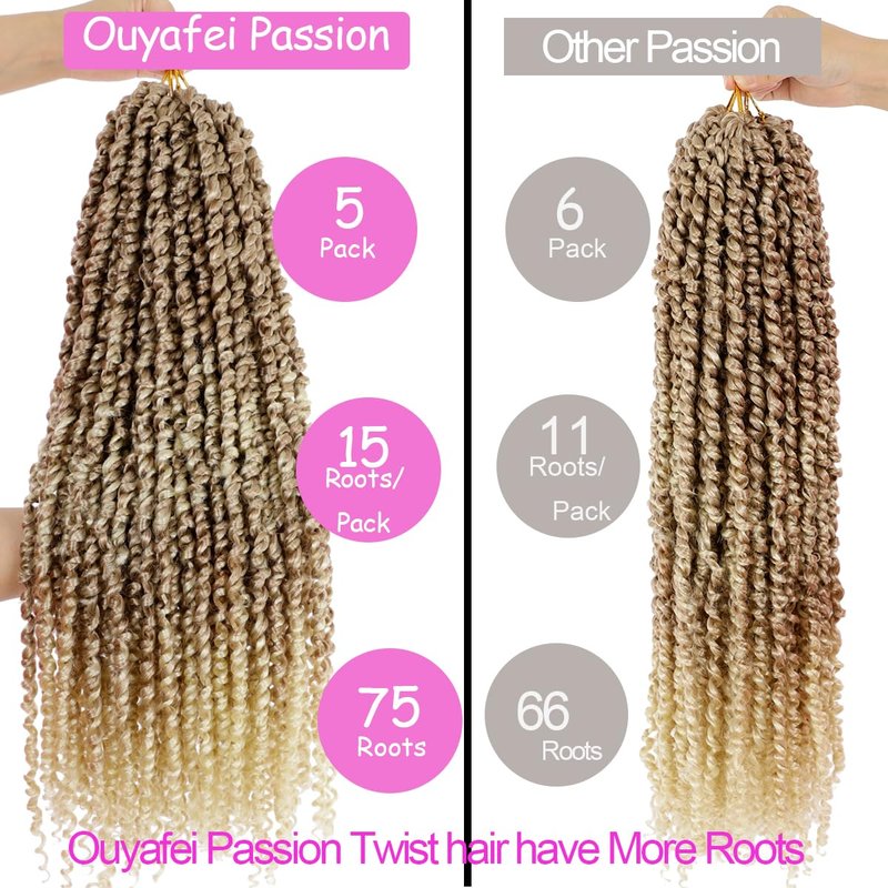 5Packs(115g/pack) Ombre Blonde Pretwisted Passion Twist Corchet Hair 22inch Pre-Looped Long Passion Twist Bohemian Curly Synthetic Braiding Hair Extensions(15strands/pack,T27/613#)