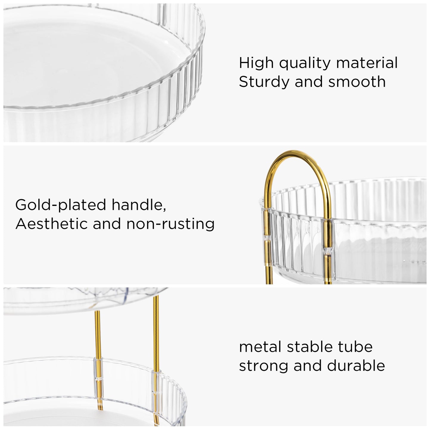 3-Tier Rotating Makeup Organizer, 360° Spinning Cosmetic Storage, 18.5" Height Clear Vanity Display with Gold Metal Frame