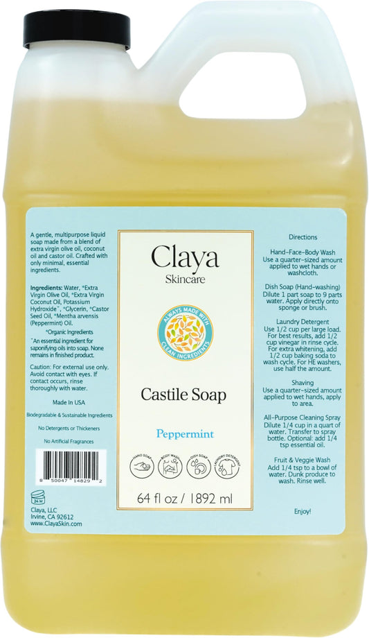 Claya Liquid Castile Soap – Organic Ingredients, Biodegradable, Gentle for Sensitive Skin and Versatile Use (64 fl oz, Peppermint)