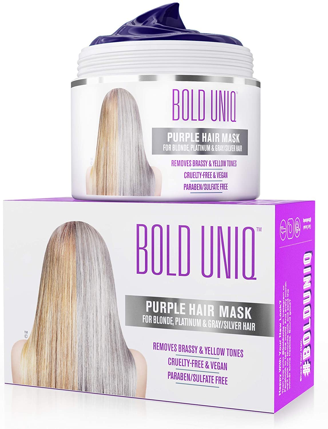 BOLD UNIQ Purple Hair Mask For Blonde, Platinum, Bleached, Silver, Gray, Ash & Brassy Hair & BoldPlex 4 Bond Strengthening Protein Shampoo Bundle - Remove Yellow Tones and Condition Dry, Damaged Hair