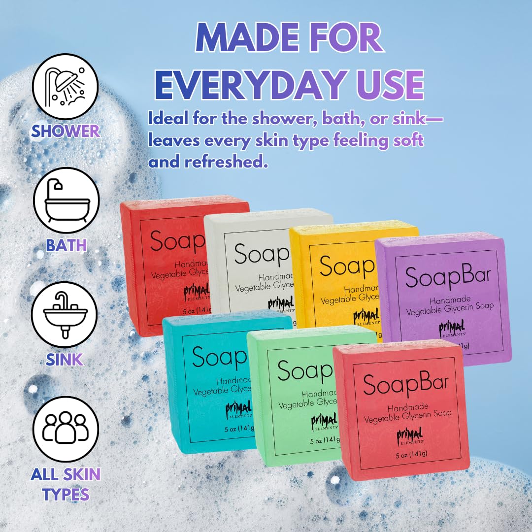 Primal Elements Vegetable-Based Glycerin Scented Soap Bars for Face and Body, Moisturizing and Cleansing, Unisex for Men and Women, Travel Size, Variety Pack - Set of 7