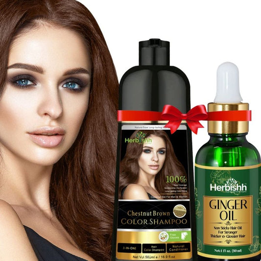 Herbishh Hair Strengthening Combo Contains Color Shampoo Dye 500ml Chestnut Brown + Ginger Oil For Hair Growth for Repairs Follicles, Promotes Stronger All Hair Types 30ml