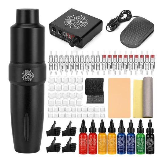 Cartridge Tattoo Machine Kit, ATOMUS Pen Rotary Tattoo Machine with Power Supply 8 Bottles Tattoo Inks 20 Mixed Cartridge Needles Foot Pedal RCA Clip Cord Power Cable (Black)