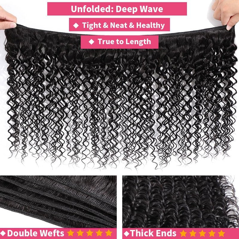 Deep Wave Bundles Human Hair 20 Inch 12A Raw Indian Human Hair Single Bundle 100% Unprocessed Deep Wave Bundles Double Weft Deep Curly Weave for Black Women Natural Black Color
