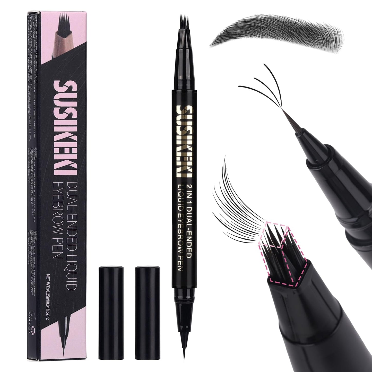 SUSIKEKI Dual Ended Microblading Eyebrow Pen - 2 in 1 Liquid Eyebrow Pencil with Brow-Fection Angled Brush & Precise Detail Brush-Tip, Shapes & Fills Natural Looking Brows, Lasts All-Day, Soft Black