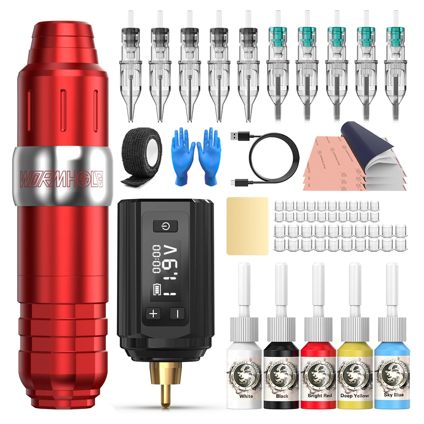 Tattoo Kit, Wormhole Tattoo Gun Kit Tattoo Machine Kit 20 Tattoo Cartridge Needles 10 Inks with Foot Pedal, Power Supply, RCA Tattoo Cord, Tattoo Machine for Artists and Beginners WTK079