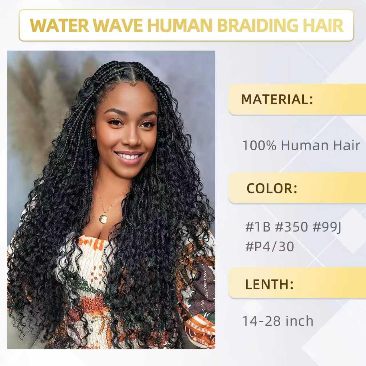 Human Braiding Hair for Boho Braids 100g 14 Inch Water Wave Bulk Human Hair for Braiding Knotless 100% Unprocessed 12A Brazilian Virgin Hair Extensions 2 Bundles/Pack Natural Color