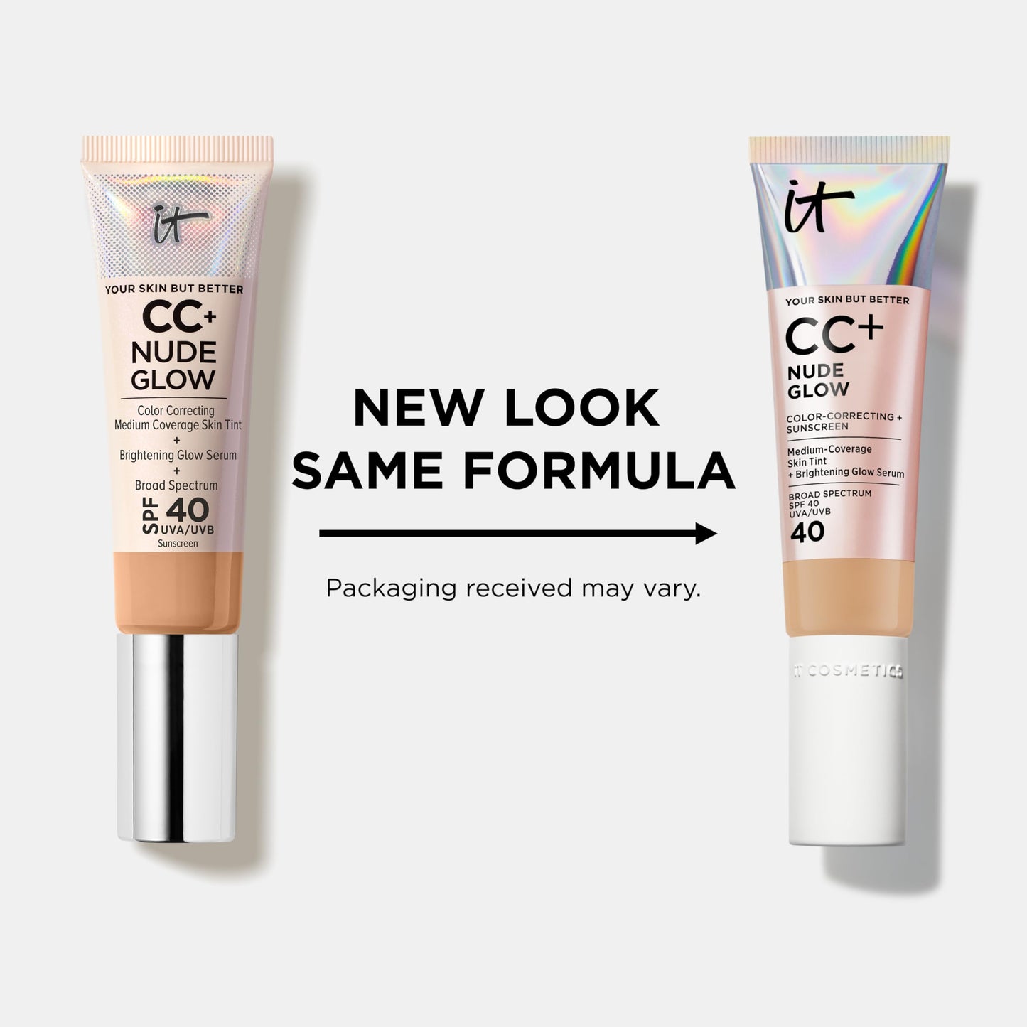 IT Cosmetics CC+ Nude Glow (Light Medium) - Medium Coverage Foundation with SPF 40 & Brightening Glow Serum, Lightweight Skin Tint, 2% Niacinamide + Hyaluronic Acid, Up to 24H Hydration - 1.08 fl oz