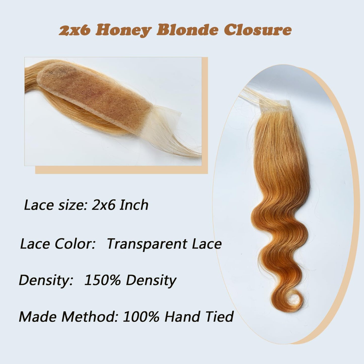 2x6 HD Lace Honey Blonde Closure 100% Human Hair Body Wave 150% Density Deep Parting KIM K #27 Color Lace Closure Middle Part Pre-Plucked 10 Inch