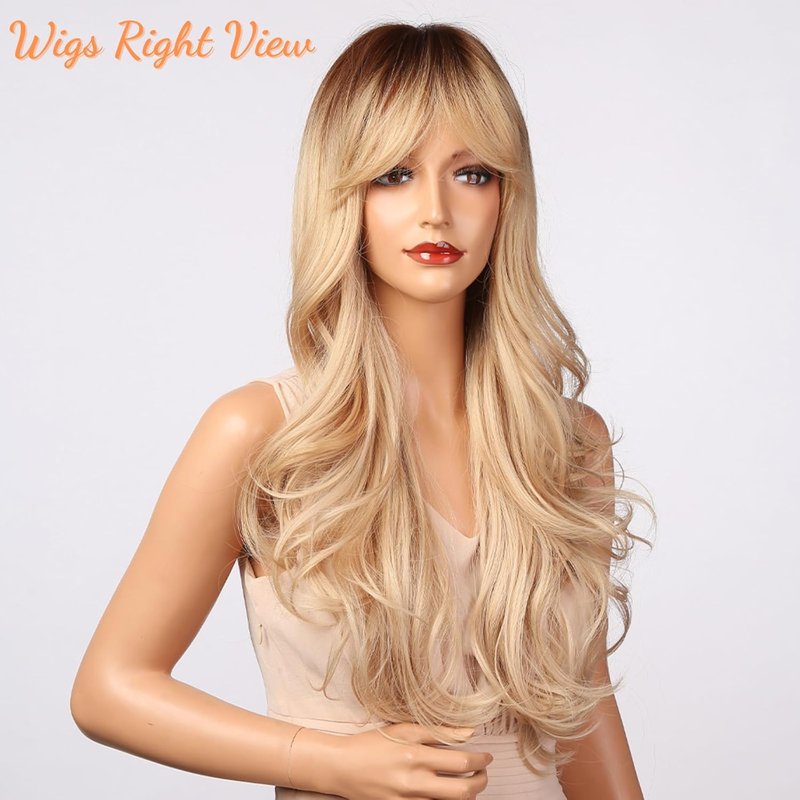 Blonde Wig with Bangs - Long Wavy Ombre Synthetic Hair | Light Ash Blonde with Dark Roots, Perfect for Halloween & Christmas