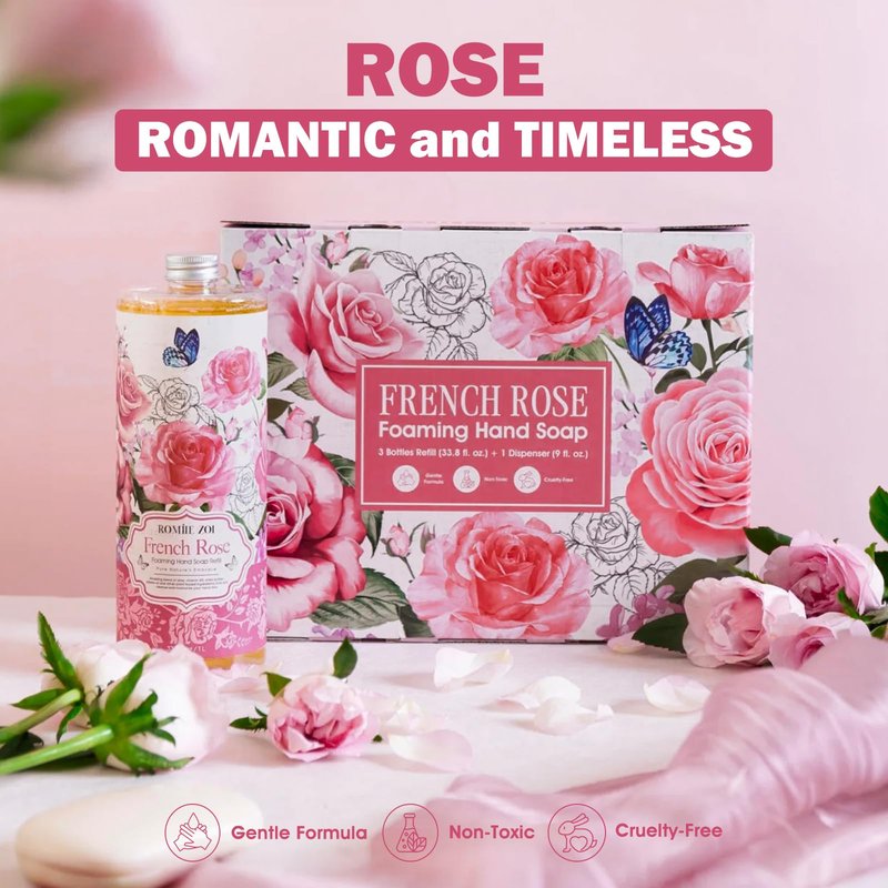 ROMIIE ZOI Rose Foaming Hand Soap Refill Gift Set – 3 Pack (33.8 Fl Oz Each) with Refillable Dispenser, Romantic Floral Scent, Moisturizing & Biodegradable for Bathroom, Kitchen, Sensitive Skin
