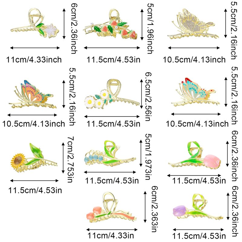 YUXIANLB 11PCS Metal Claw Clips, Sparkly Butterfly Tulip Flower Large Non-Slip Hair Clip for Thick Thin Hairs, Boho Decorative Styling Clamps Hairclips Hawaiian Hair Jaw Accessories for Woman and Girl