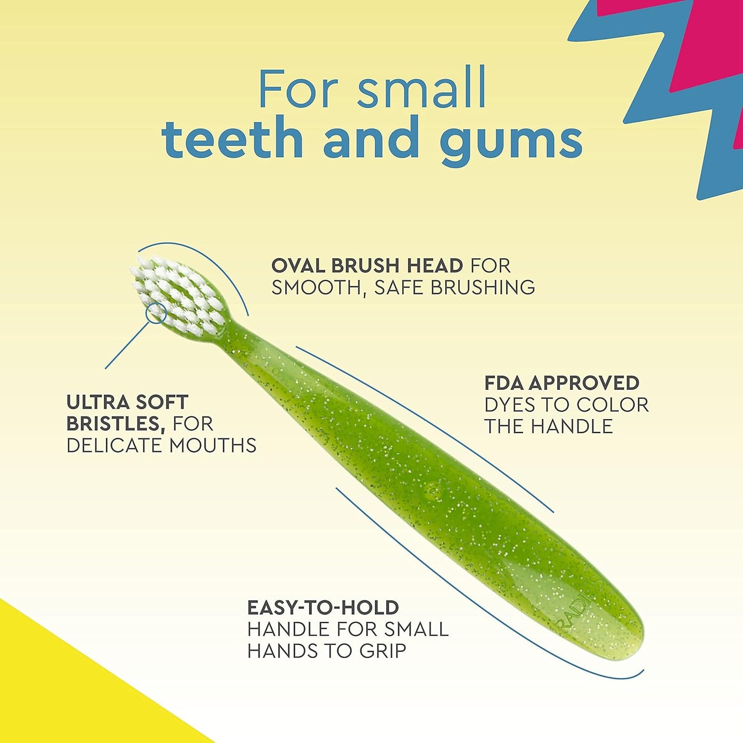 RADIUS Totz Toothbrush - Extra Soft BPA-Free Brush for Delicate Teeth & Gums | Pink Sparkle, Age 18 Months+