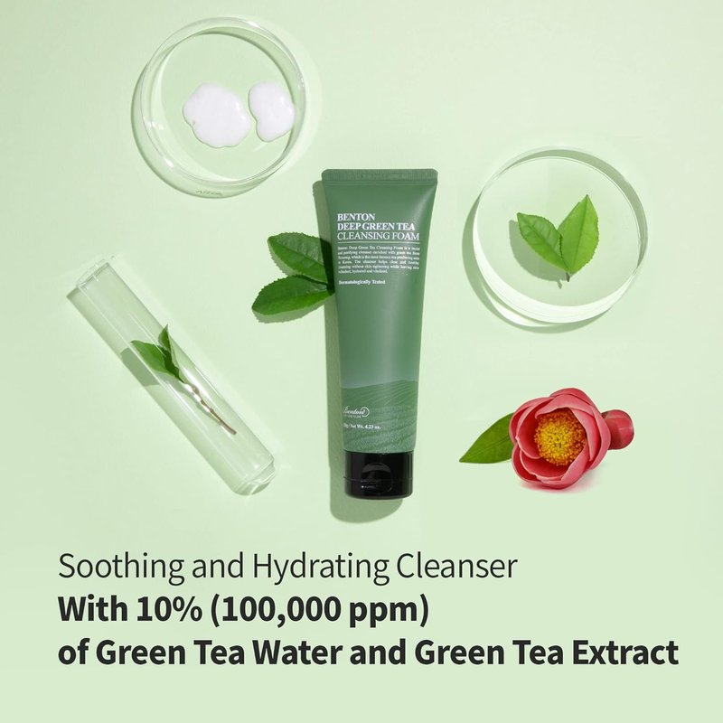 Benton Deep Green Tea Face Wash - Hydrating Korean Foaming Cleanser for All Skin Types | 4.23 oz.