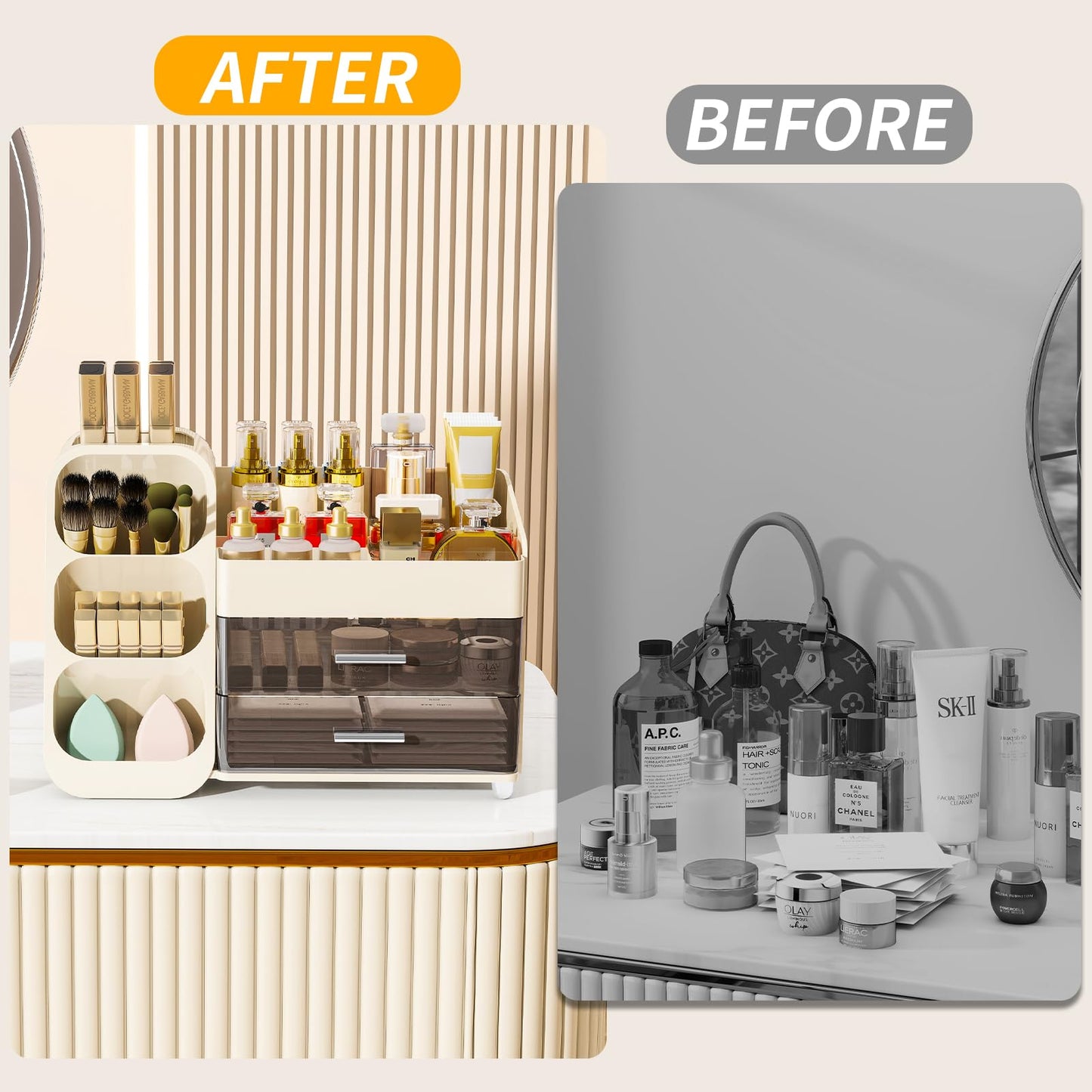 Dimcapo Makeup Organizer for Vanity,Vanity Organizer with Drawers and Brush Holder,Bathroom Make Up Organizer Countertop,Large Cosmetic Organizer for Skincare, Perfume,Lipsticks,Nail Polish (Cream)