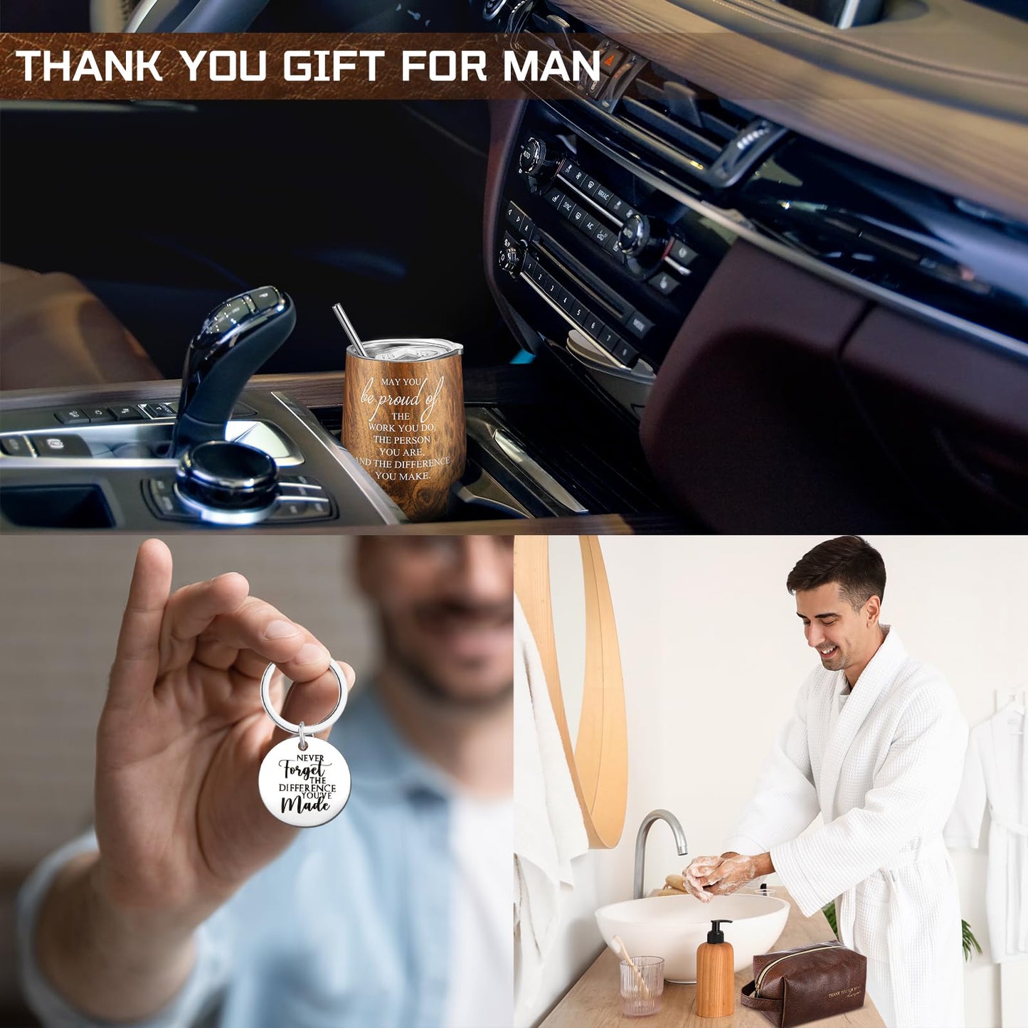 Dandat Set of 3 Male Teacher Appreciation Gifts Travel Leather Toiletry Bag 12oz Stainless Steel Tumbler with Keychain for Coworker Principal Male Nurses Employee Staff