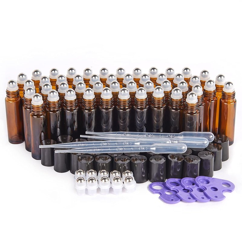 Essential Oil Roller Bottles - 10ml Amber Glass 48-Pack with Stainless Steel Balls | Refillable Applicator for Hair & Oils