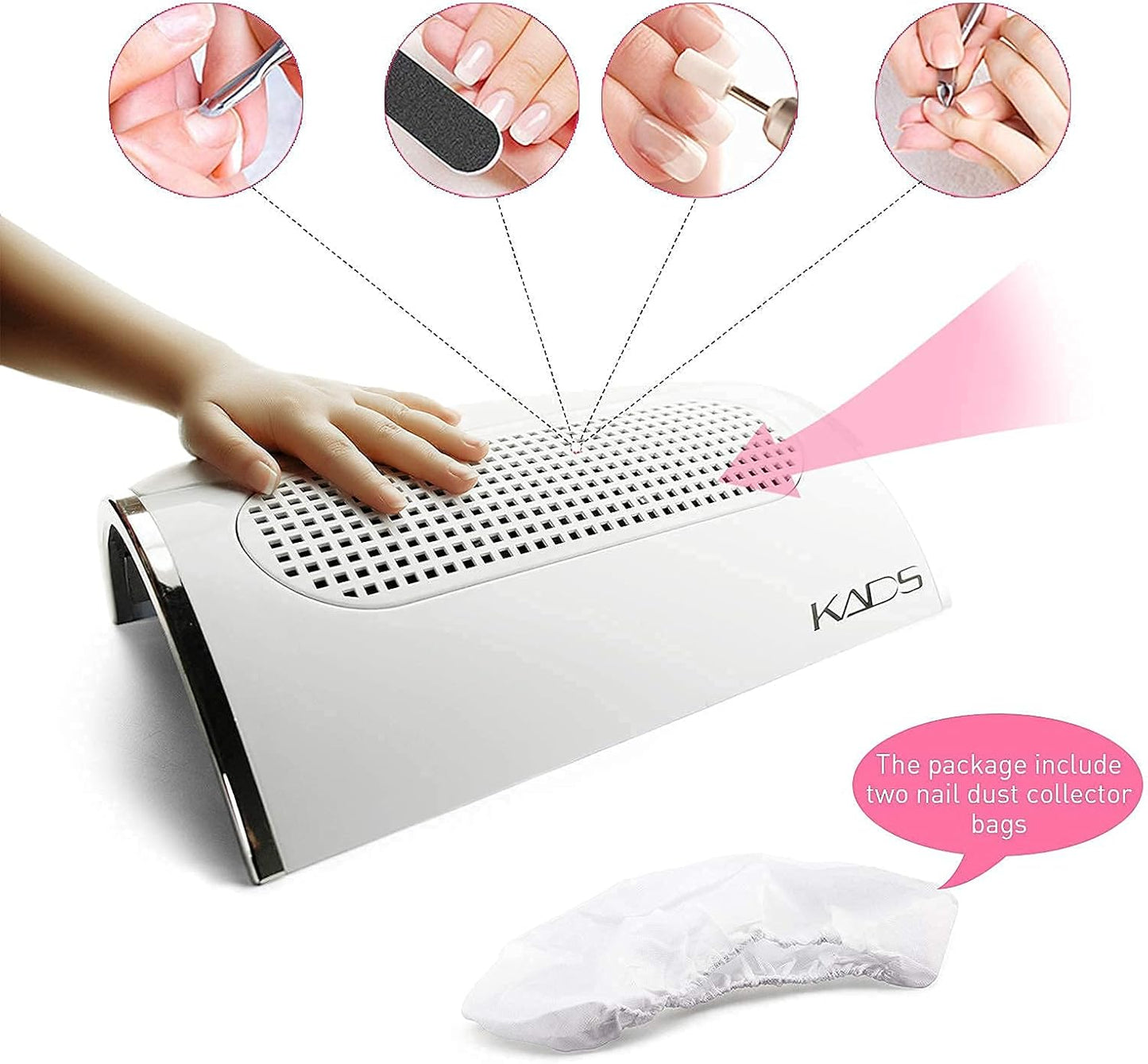 Nail Art Dust Suction Collector - Powerful 3-Fan Nail Dryer Tool with 2 Dust Bags | 110V US Plug