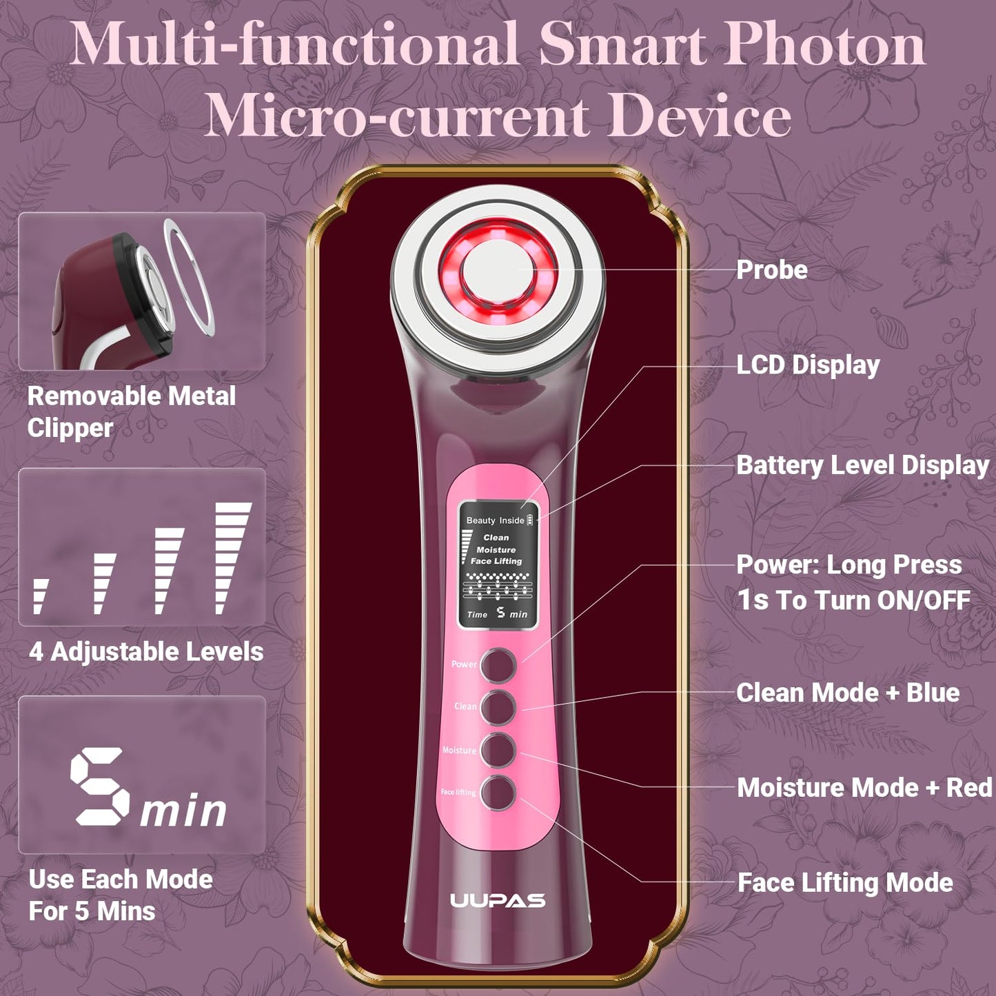 Smart Photon Micro-Current LED Light Therapy Wand - Red & Blue Facial Device for Anti-Aging & Skin Rejuvenation