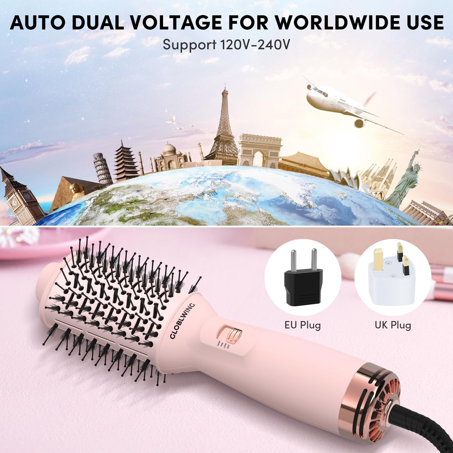 Automatic Dual Voltage Travel Hair Dryer Brush Compact Mini Hot Air Brush with European Plug One Step Blow Dryer and Styler for Women, Oval Barrel 3 Heat & 2 Speed Settings