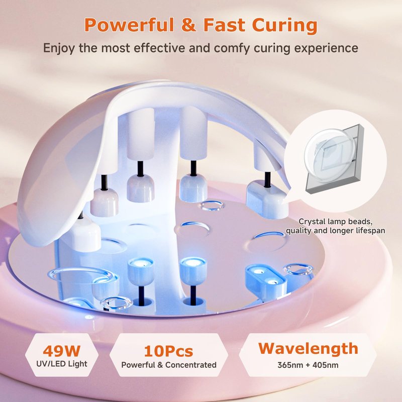 UV LED Nail Lamp, 49W Powerful UV Nail Light with 10Pcs Beads & 4 Timer Setting for All Gel Nails, with 5 Lampshade Encircle Every Fingers for Fast Curing, 150°Angle Adjustable Gel Nail Lamp for Home
