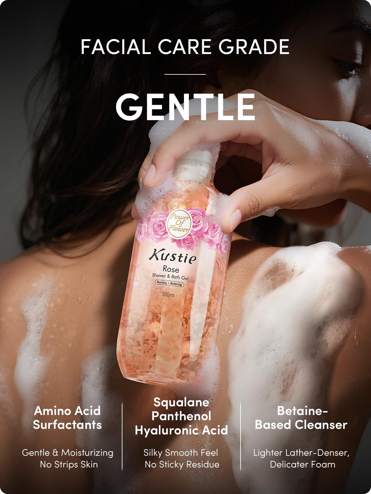 Kustie Rose Floral Body Wash with Real Petals – Botanical Shower Gel with Rose Water & Rose Oil, Luxury Spa Gentle Cleanser for Soft Silky Skin, 12.8 fl oz