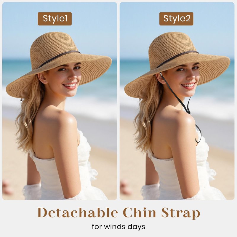 Sun Hats for Women, Straw Hats UPF 50+ UV Sun Protection, Wide Brim Packable Foldable Bowknot Womens Beach Hat for Summer Travel Khaki