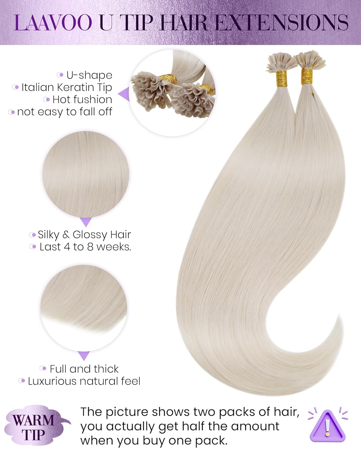 LaaVoo U Tip Hair Extensions - Platinum Blonde Real Human Hair | 16 Inch Remy 1g/1s 50g/Pack