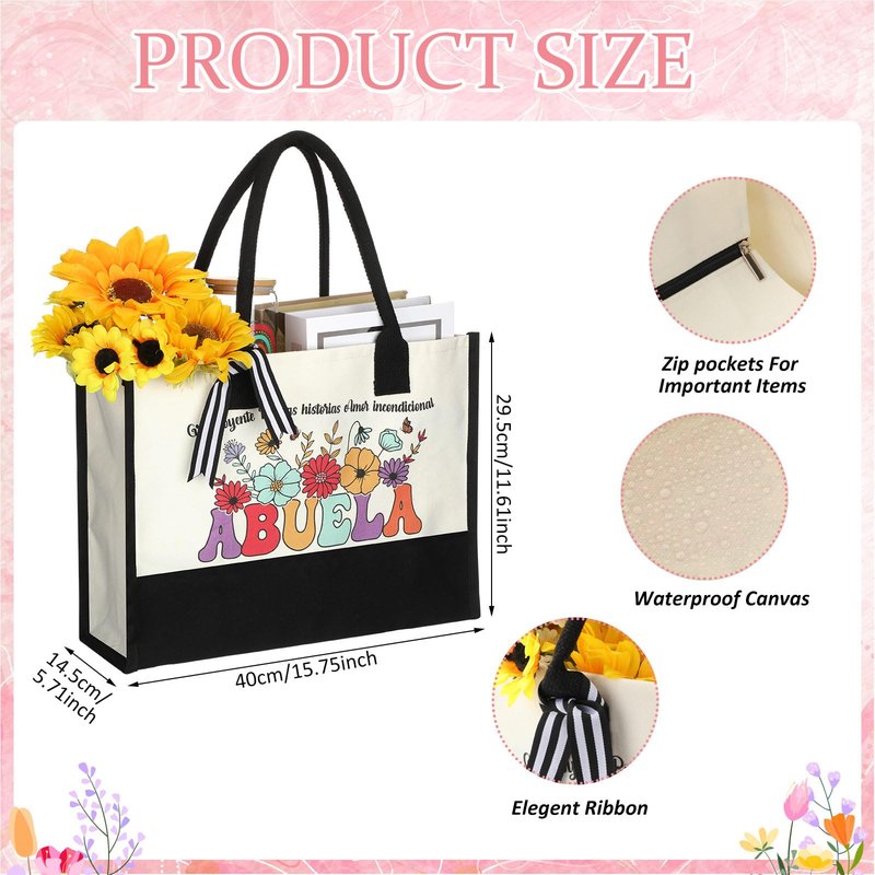 LemonRoad 5 Pcs Spanish Grandma Gifts Set Abuela Birthday Gifts Regalos Para Abuela Including Tote Bag 16 oz Glass Cup Makeup Bag Natural Stone Bracelets for Nana Gigi Grandmother Birthday Supplies
