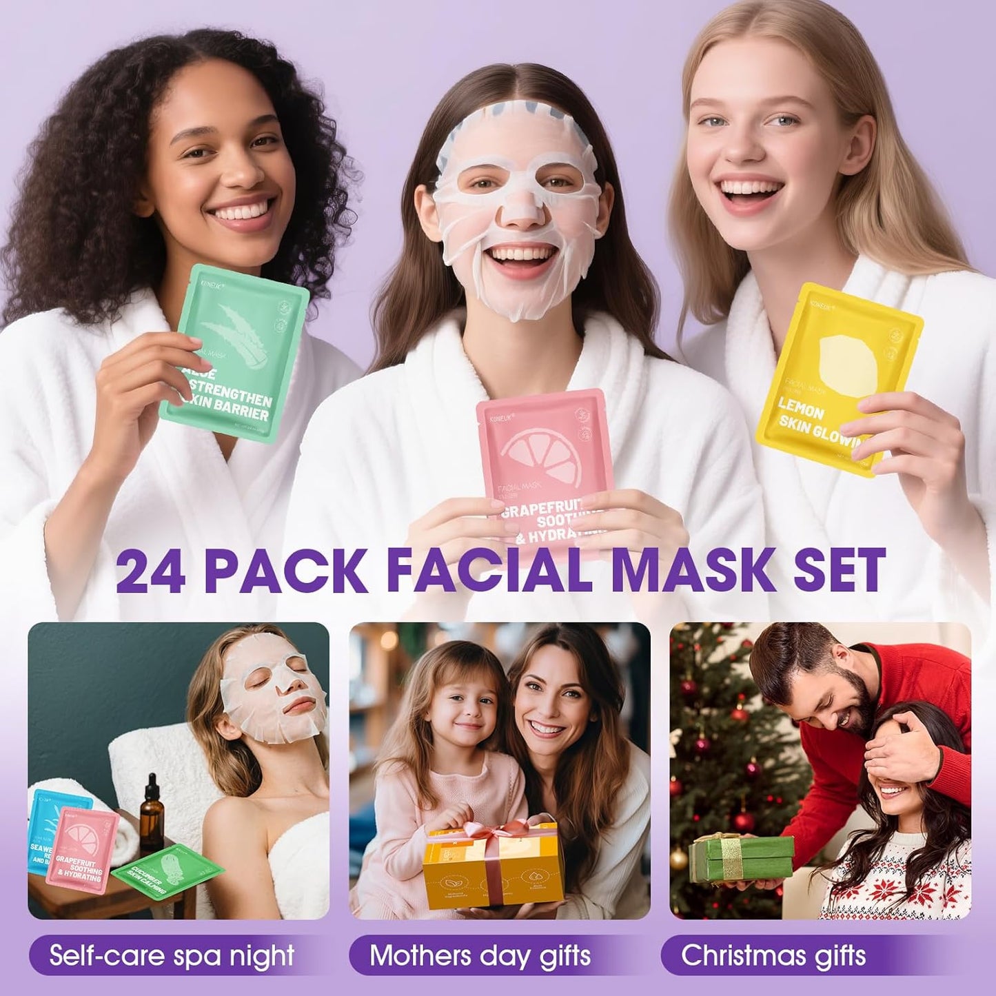 Hydrating Face Masks - 24 Pack Collagen Sheet Masks for Soothing & Moisturizing | All Skin Types, Spa Gift Set