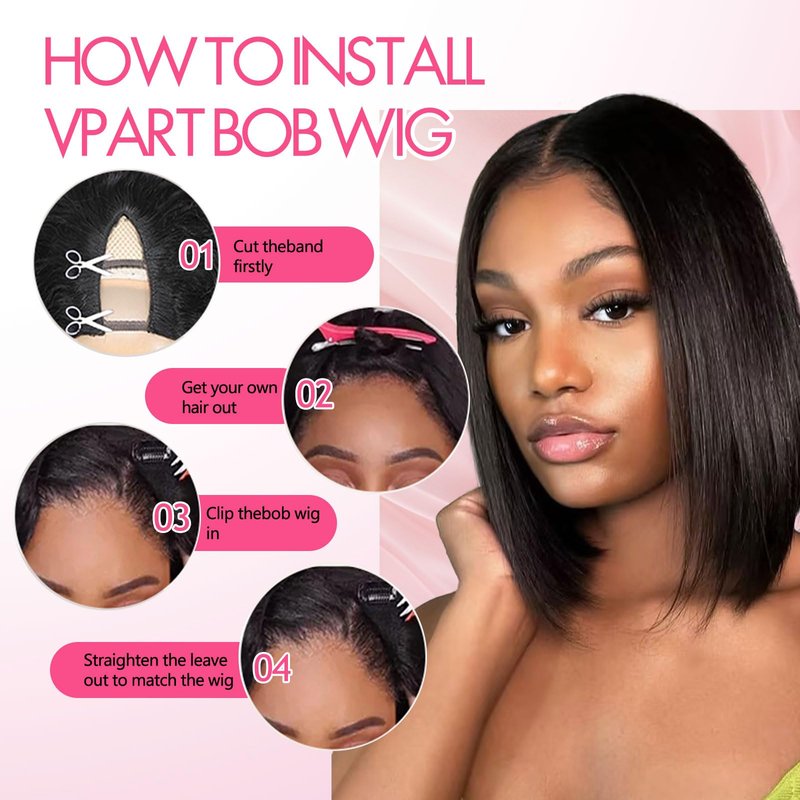 Atikual V Part Wig Human Hair Bob Wig 8inch Brazilian Remy Hair Short Bob Wig Human Hair Glueless Wig Upart Bob Wigs For Black Women Upgrade U Part Wig No Sew in No Glue Natural Black Color
