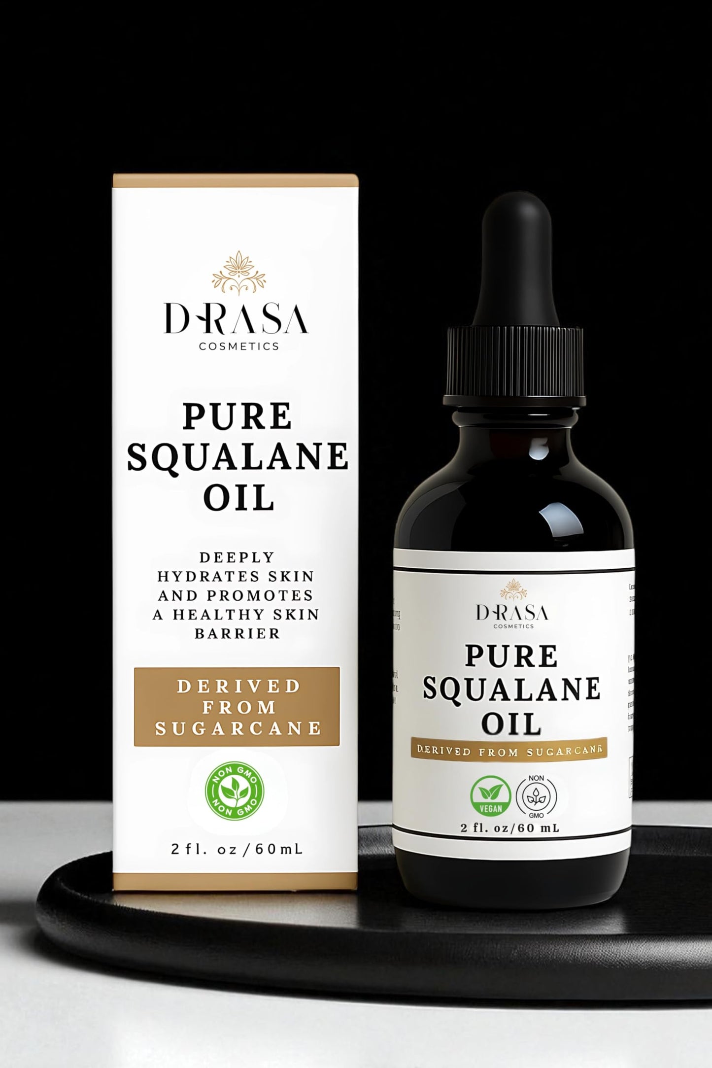 DRASA Cosmetics Pure Squalane Oil Moisturizer with 100% Sugarcane Derived Squalane for Face, Body, Skin and Hair - Face Oil 2 fl. oz.