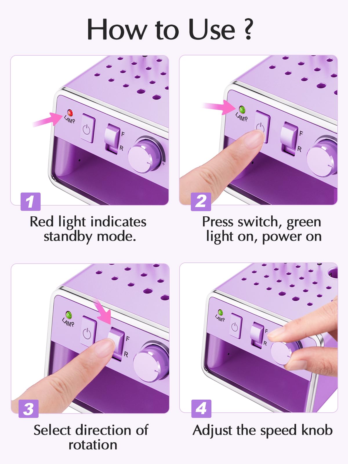 Subay Nail Drill Machine Electric File, Portable for Acrylic Gel Dip Powder Nails, Nail Drill Kit for Manicure Pedicure, Nail Set with Everything, Purple