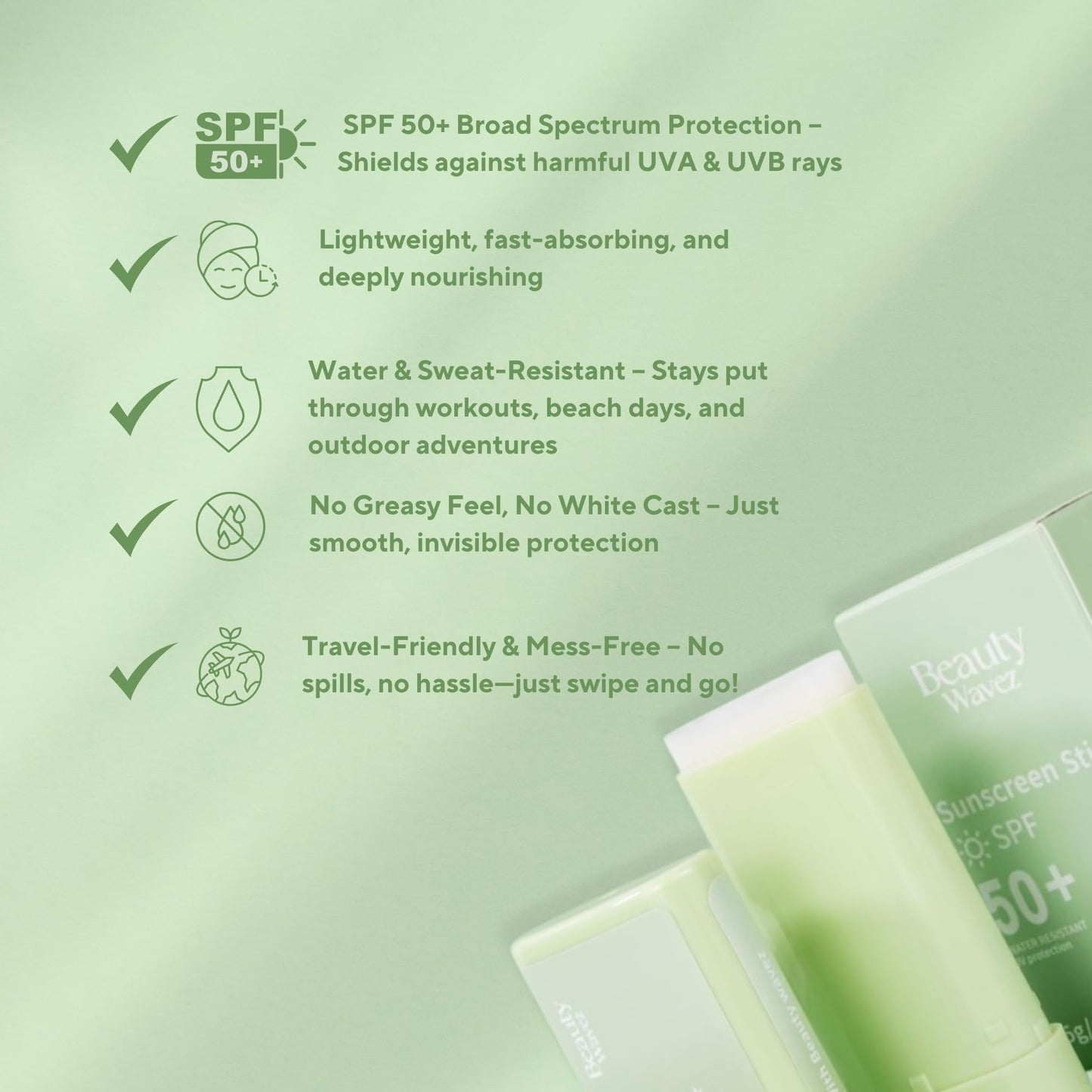 Beauty Wavez Face Sunscreen Stick for Sensitive Skin – Broad Spectrum SPF 50+ with Ceramide & Vitamin E – UVA/UVB Protection, Travel Size