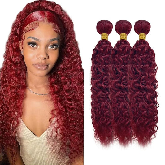 Virgin Weave Human Hair Bundles - 300g #99J Burgundy Water Wave Curly | 8-10-12 Inch Unprocessed Brazilian Hair for Black Women