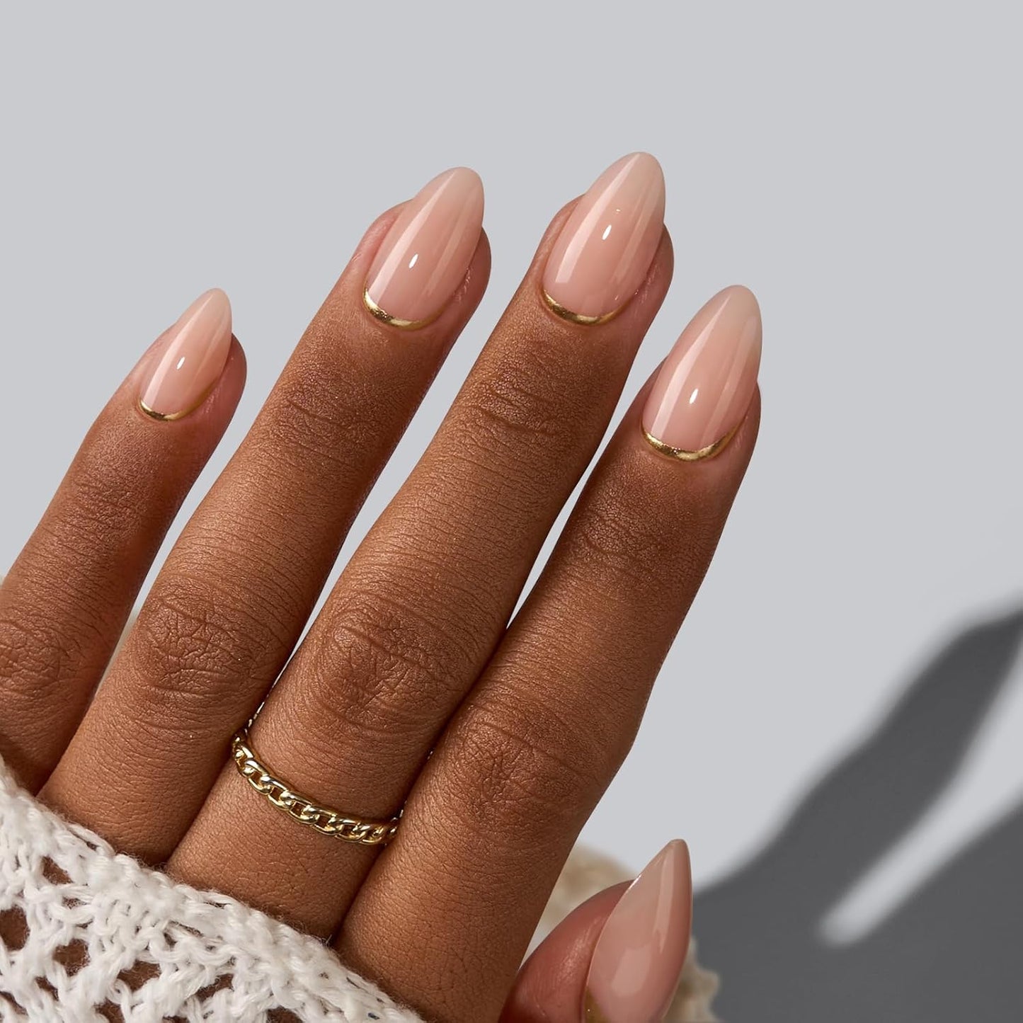 Press On Nails Almond - Short Gold Foil Soft Gel Nails with Glue | 32-Piece Kit in 16 Sizes
