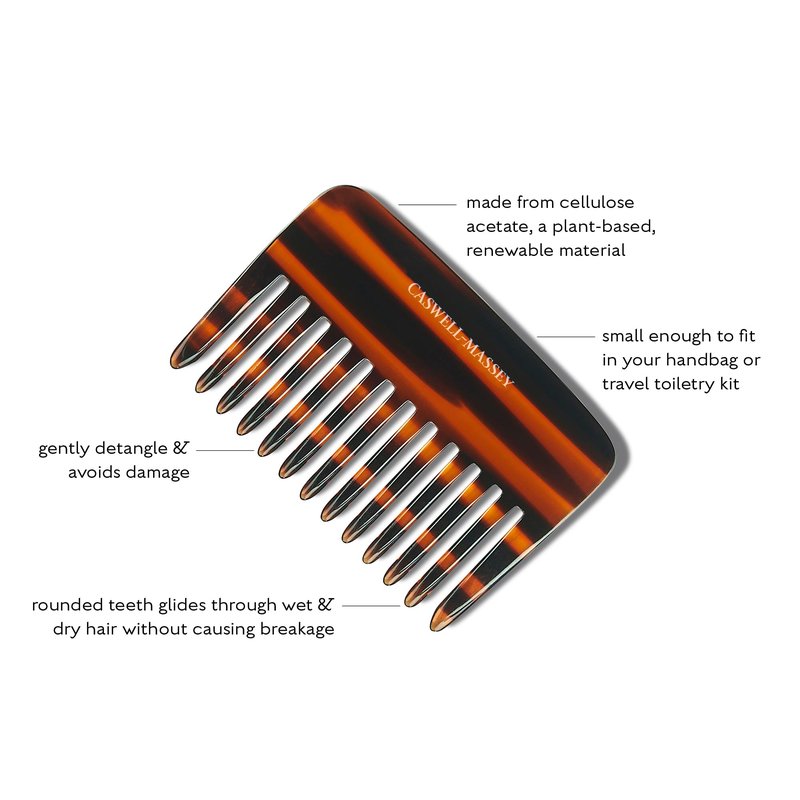 Caswell-Massey Travel Detangler Comb, Extra Wide, Handmade from Renewable & Plant-Based Italian Cellulose Acetate, Tortoise Pattern, 3.75” Wide