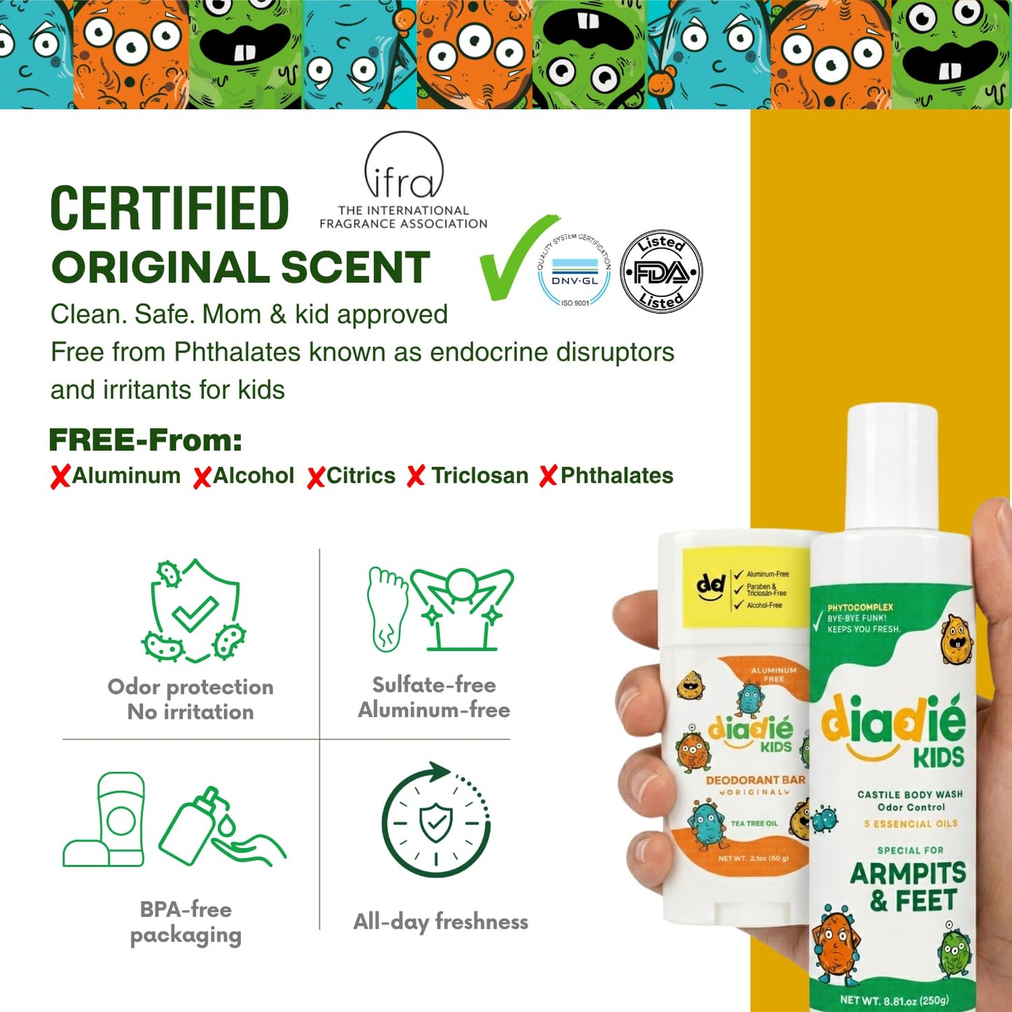 Diadié Kids Mix pack Natural deodorant bar and a Castile Liquid Body Odor Soap/Wash, For Armpits, feets, body odor protection, 5 Essential Oils, 2 Pack