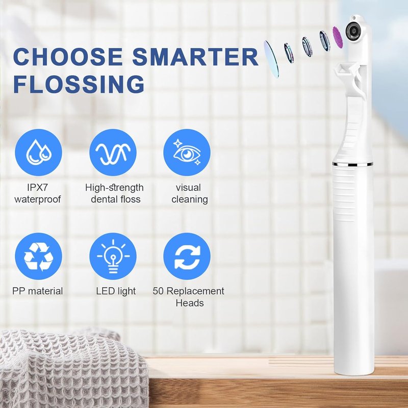 Electric Dental Floss Picks with Camera - 50 Replaceable Heads for Sensitive Gums | Portable Water Flosser Alternative