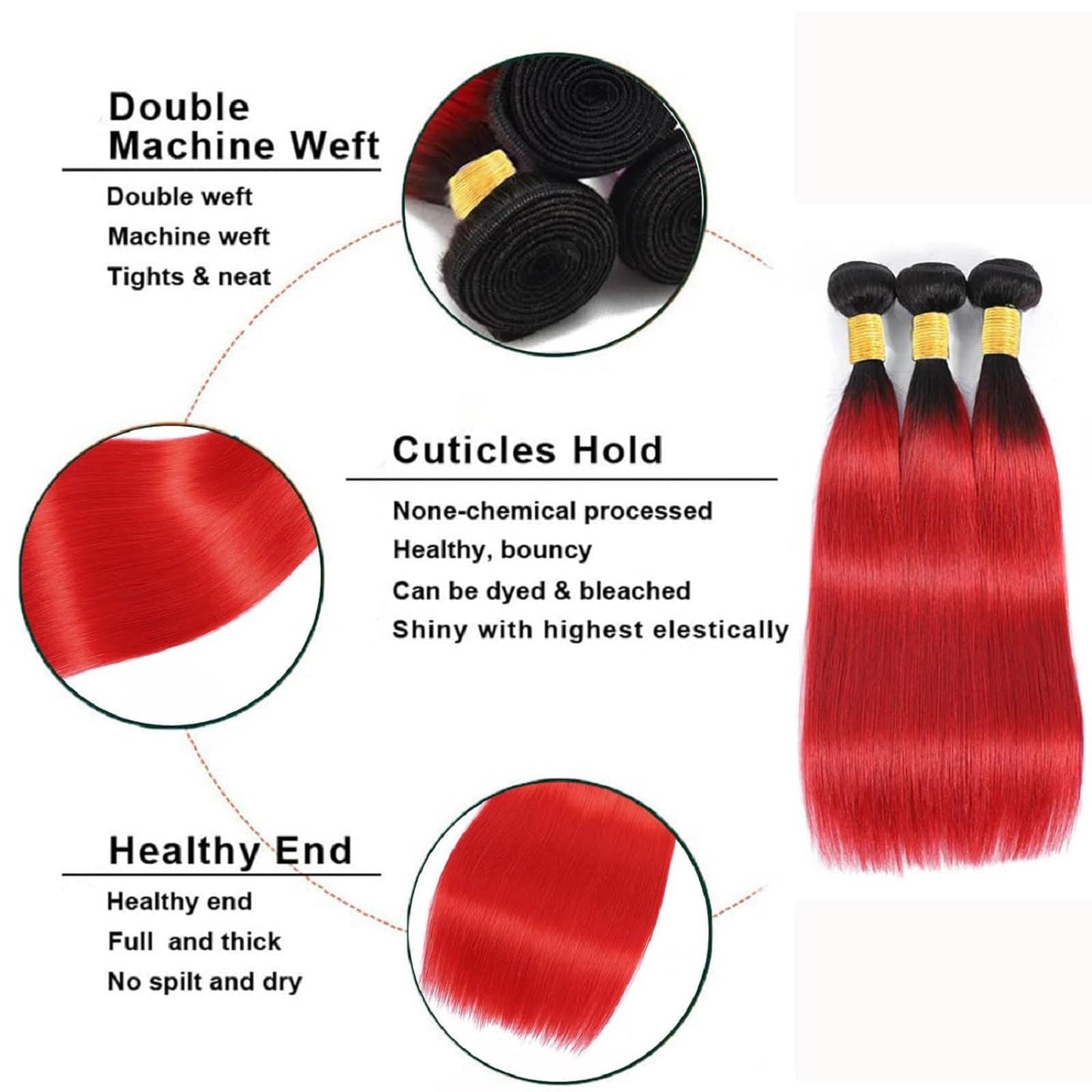 Ombre Red Human Hair Bundles 12 14 16 Inch Straight #1B Red Bundle Human Hair Extension 11A Brazilian Virgin Quick Weave Hair for Black Women