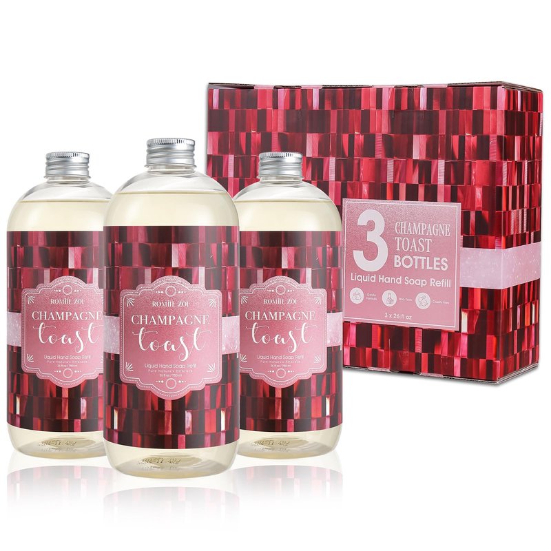 ROMIIE ZOI Liquid Hand Soap Refills Gift Set, Champagne, 3 x 26Fl Oz Bottles, Plant-Based, Non-Toxic, Gentle & Moisturizing Formula with Essential Oils for Bathroom, Kitchen & Holiday Gifting