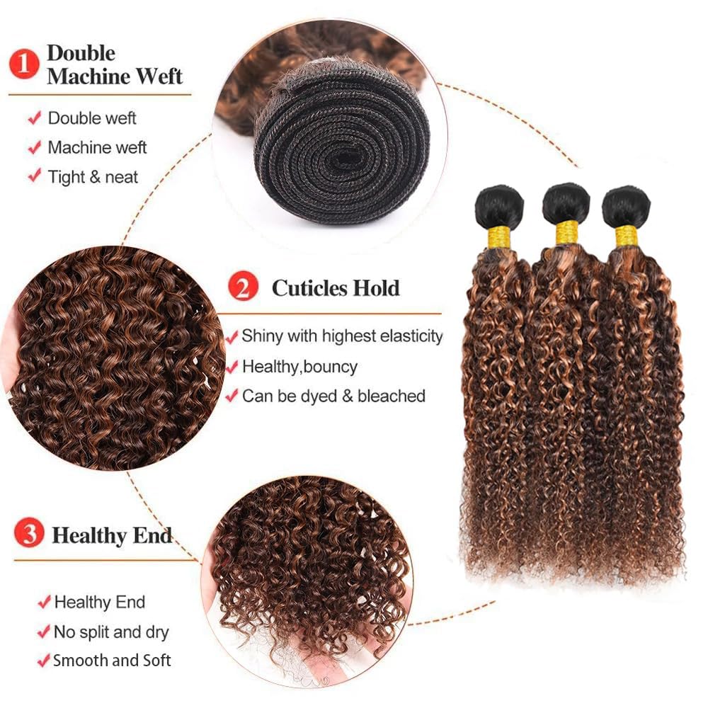 Ombre Brown Highlight Human Hair T1BP4/30 Kinky Curly Human Hair Bundles 8 10 12 Inch 3 Bundles Black Roots Dark Brown Mixed Light Brown 3 Tone Brazilian Virgin Remy Hair Extension for Women
