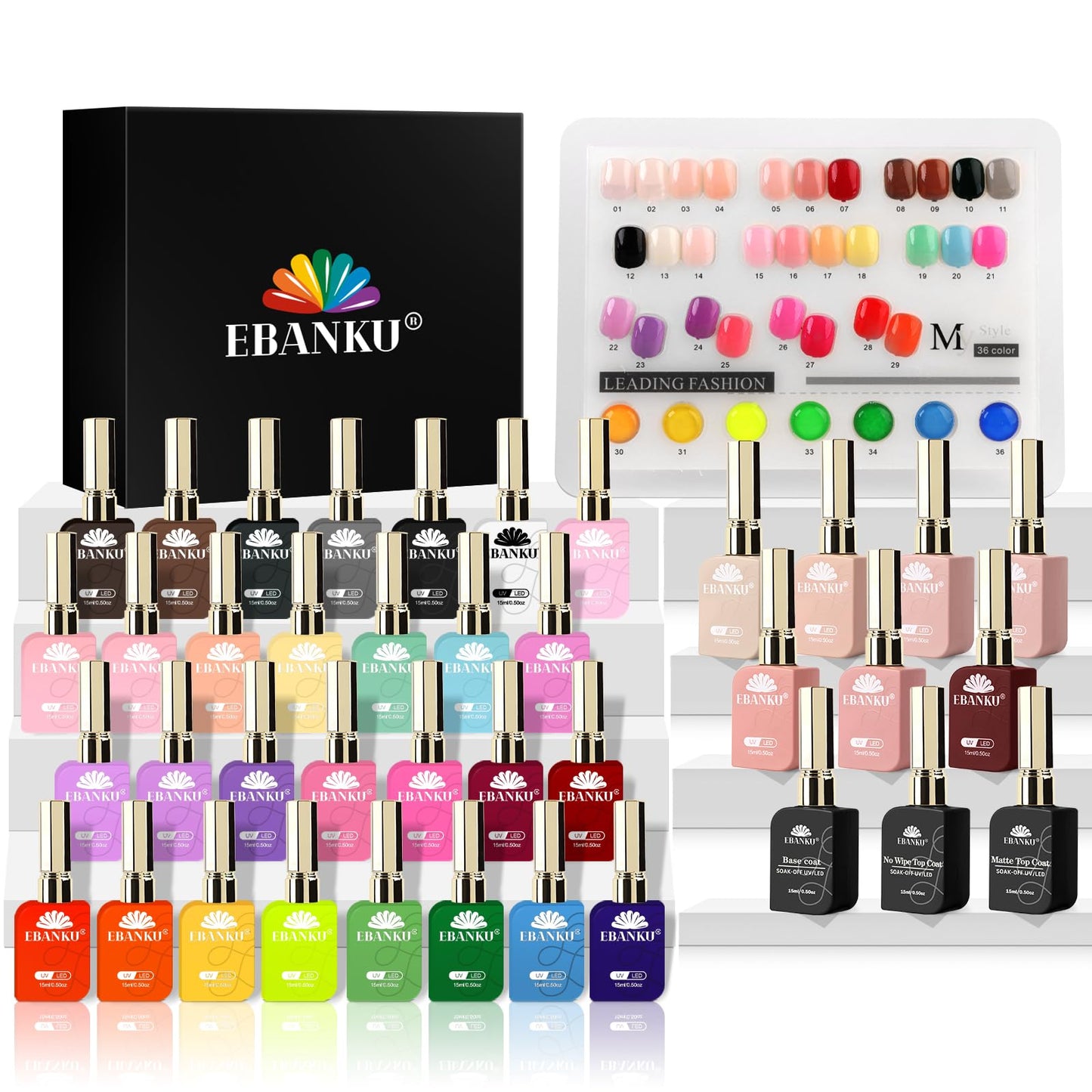 EBANKU 36Colors 0.5Oz Gel Nail Polish Set Same Color Same Bottle Soak Off Gel Polish Kit with 3PCS Base Top Matte Coat Nail Art Manicure Salon DIY at Home for Women