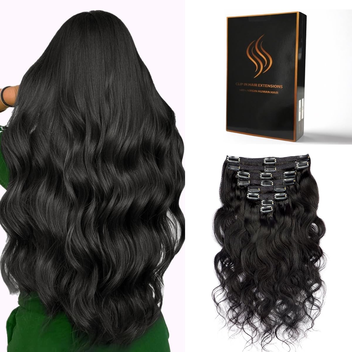 Tandulo Clip in Hair Extensions Real Human Hair Body Wave 1 Jet Black Clip in 100% Brazilian Remy Human Hair Extensions 8pcs Per Set with 18 Clips Double Weft 16 Inch 90g/3.6oz
