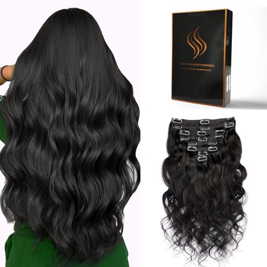 Tandulo Clip in Hair Extensions Real Human Hair Body Wave 1 Jet Black Clip in 100% Brazilian Remy Human Hair Extensions 8pcs Per Set with 18 Clips Double Weft 16 Inch 90g/3.6oz