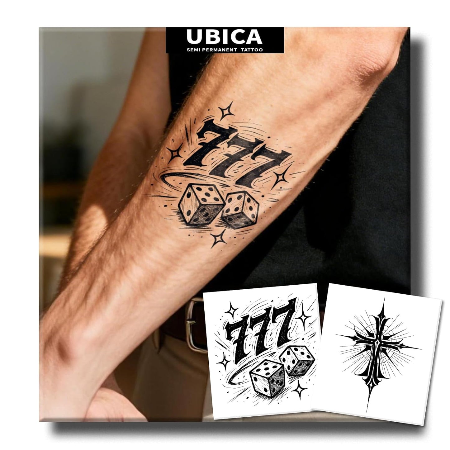 Realistic Cross Temporary Tattoos - Semi-Permanent 2-Week Waterproof Designs for Men | 2 Sheets with 777 Dice & Cross Patterns