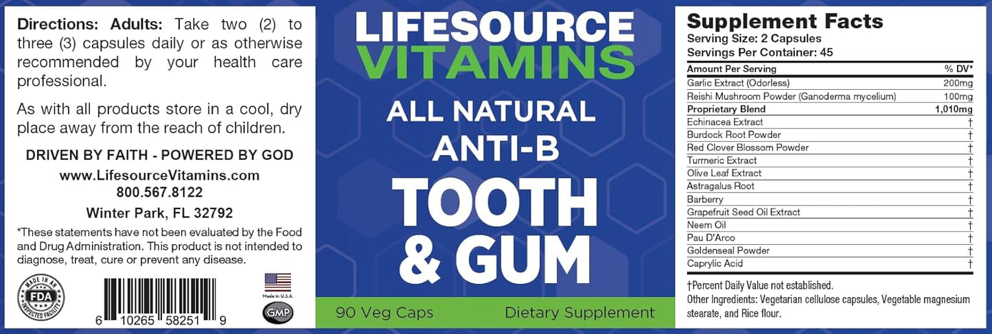 LifeSource Vitamins Tooth & Gum Support - Anti-Bacterial Formula - 90 Capsules | Oral Health Boost